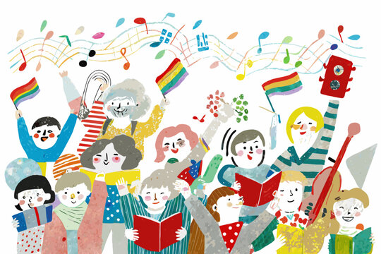 A diverse group of people joyfully celebrating with music and pride flags
