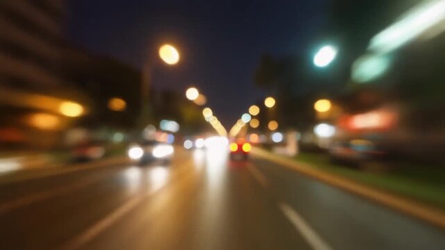 Blurry nighttime cityscape with speeding cars on a busy highway from a driver's viewpoint