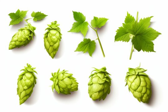 Multiple green hop cones with leaves presenting natural ingredient for brewing