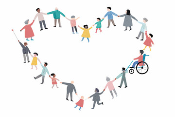 Diverse group of people forming a heart shape while holding hands