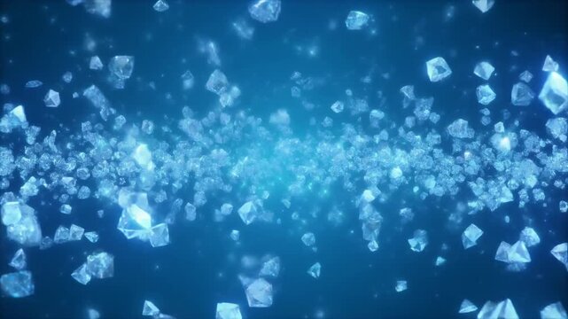 Scattering ice fragments suspended in a blue-toned atmosphere, viewed from a close-up, high-definition perspective
