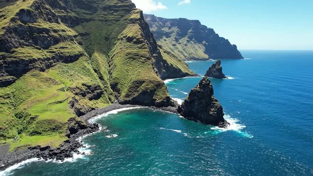 Aerial view of a rugged coastline with towering green cliffs and a y beach