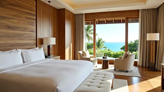 Luxury hotel room interior with ocean view and natural wood accents for vacation or relaxation scenarios