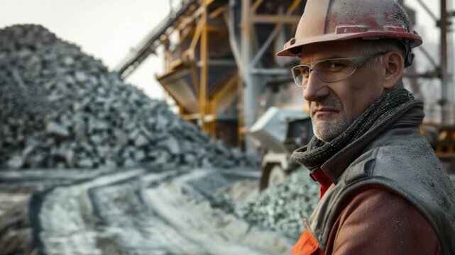 A person wearing a hard hat stands near a pile of rocks, likely on a construction or excavation site