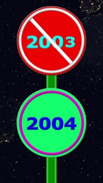2003 No Entry and Coming 2004 new Year Comparison Road Sign Animation on Dark Background.