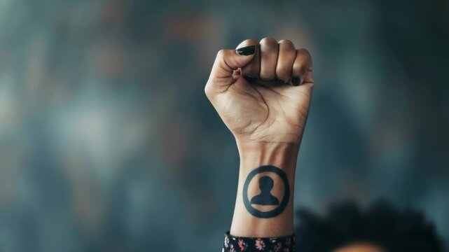 A clenched fist with a tattoo symbolising protest expresses the struggle for rights, which is relevant for social campaigns as a powerful visual backdrop.
