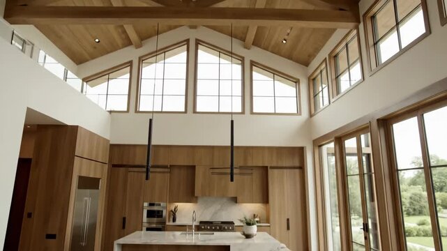 Modern kitchen interior design with wood cabinets,marble countertop,high vaulted ceiling,large windows and natural light