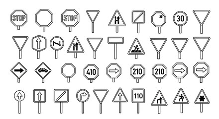 A comprehensive collection of diverse traffic and road signs, illustrating various regulations, warnings, and informational symbols used in road navigation.