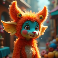 Fluffy orange creature with blue face and big eyes image