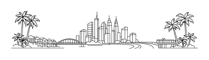 City skyline with bridge and palm trees along shore