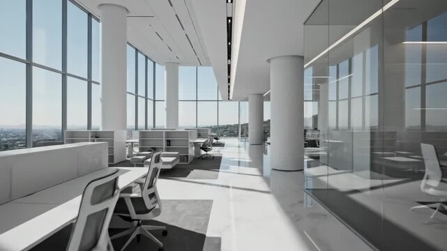 Sleek modern office space interior with city view open workspace design with glass walls and white furnishings
