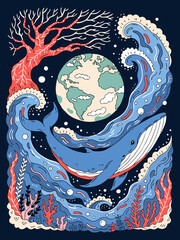 Earth Day Ocean Illustration with Whale Waves and Globe Vector Art
