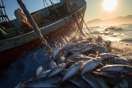 Fishing boat hauling a net full of fresh fish from the sea with morning sun