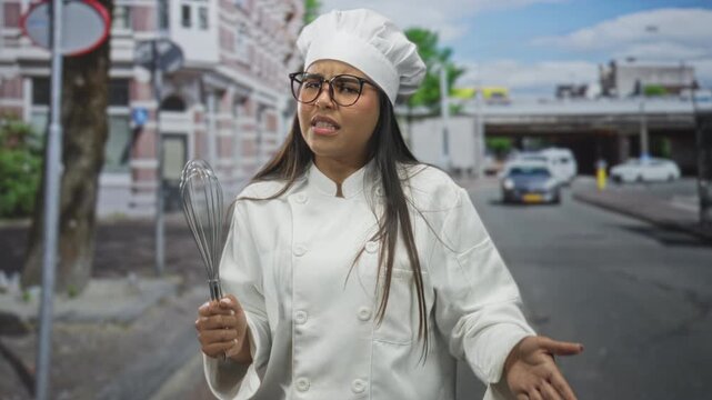Woman chef wearing toque and white coat holding whisk and gesturing with open hand on a city street by an overpass with cars visible; confusion dispute.