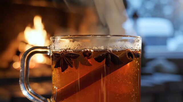 Cozy Winter Drink by Warm Fireplace with Cinnamon and Star Anise.