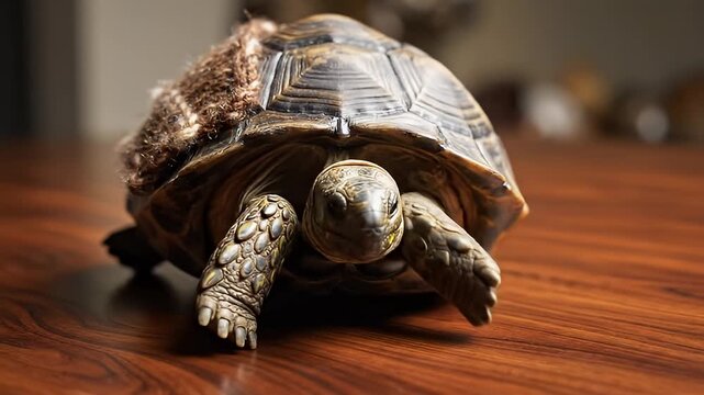 Slow moving tortoise on wooden floor indoors video.