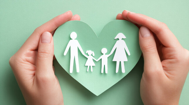 Hands holding green heart-shaped paper cutout with family figures on mint background for family welfare