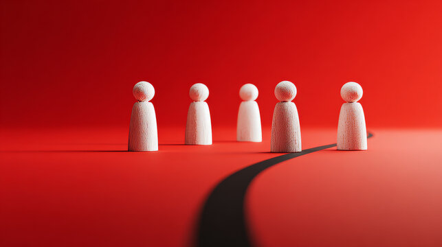 White wooden people figures standing near black curved line on red background for boundary concept