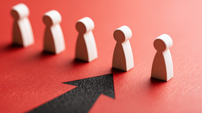 White wooden people figures in line with black arrow pointing at them on red background for targeting