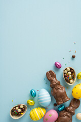 Happy vertical Easter celebration greeting featuring chocolate bunny, decorated eggs, candy and sprinkle-filled chocolate shells arranged on a soft pastel background for a festive spring mood © ActionGP