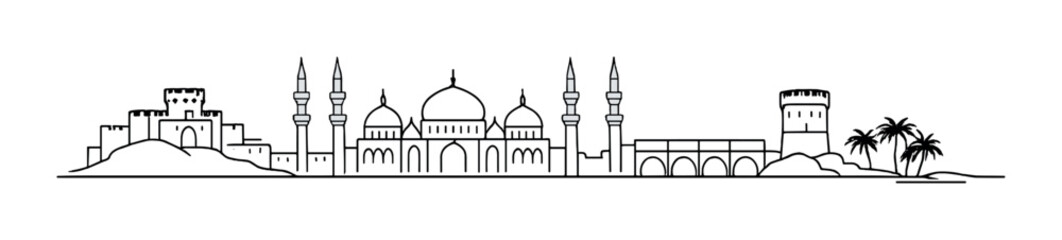 Large mosque silhouette with multiple minarets and bridge