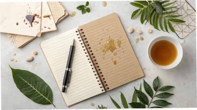 Desk Flat Lay: Notebook Pen Tea Leaves and Cards with Cinematic Motion