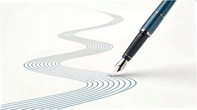 Fountain Pen Drawing Winding Blue Line on White Paper Close Up Cinematic Motion