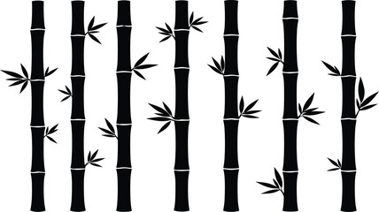 Stylized bamboo stalks with leaves illustration, black silhouette vector, Asian nature design, minimalist art concept, elegant decorative pattern