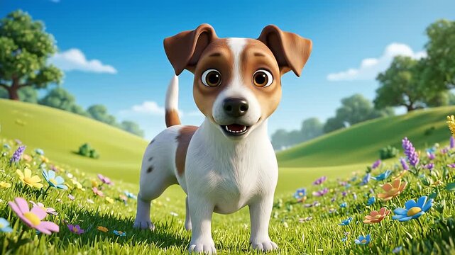 Playful meadow dog video in bright sunny field.