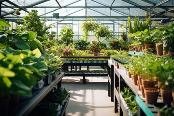 Plants and seedlings growing on shelves and tables inside a brightly lit greenhouse
