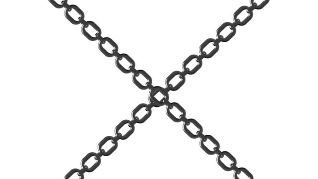 Heavy metal chains forming an X-shape break apart and fall away on white and green screen backgrounds.