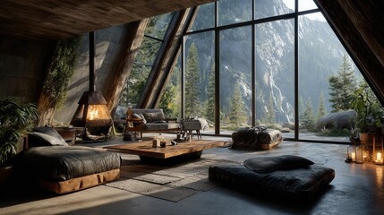 Cozy black A-frame cabin with modern minimalist furniture, large glass windows framing green mountains, warm inviting natural light.