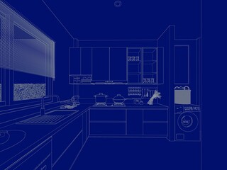 Modern Kitchen Layout 3D Blueprint with Appliances and Storage