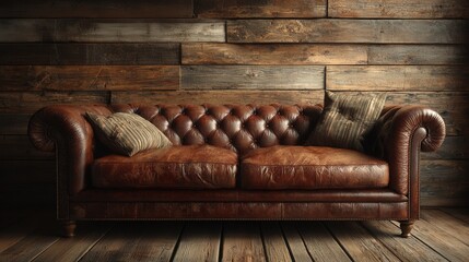 Cozy living room with a rich brown leather sofa, sunlit windows, and reclaimed wood details.