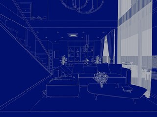 Modern Living Room Interior Sketch with Sofa and Stairs