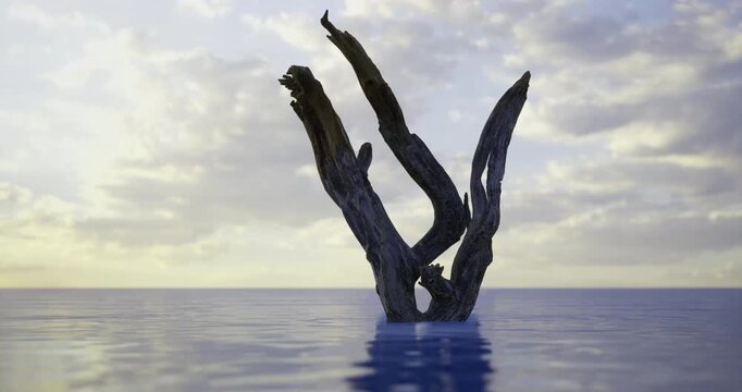 A weathered tree trunk stands tall above tranquil waters at sunset, surrounded by a serene atmosphere. Soft clouds diffuse warm light, creating a peaceful nature scene.