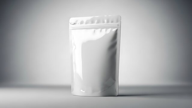 White Food Packaging Pouch on Gray Background with Soft Lighting and Modern Design