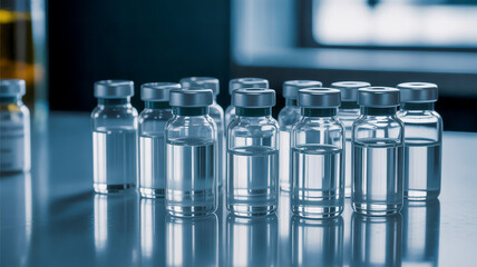 Close up of multiple clear glass vials with gray caps on a reflective surface medical vials
