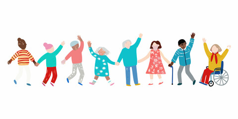 Diverse group of people holding hands and raising arms in unity