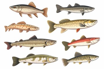 Obraz premium Various types of freshwater and game swimming, isolated for educational or design purposes