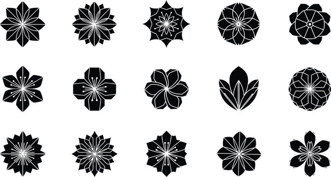 Black and white floral shapes with white outlines on white background