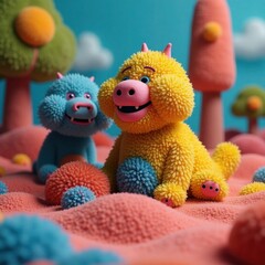 Fluffy yellow and blue creatures in a whimsical landscape pink