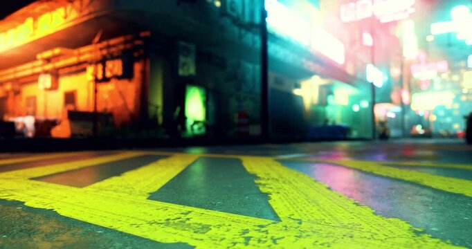 Vibrant cityscape illuminated by neon lights showcases busy streets and vivid graffiti. The ground features distinctive yellow street markings under colorful signage at night.