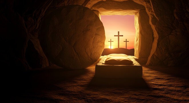 Ethereal Easter sunrise in empty tomb with stone rolled away