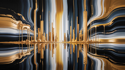 Obraz premium Golden cityscape with abstract swirling patterns and reflective surface