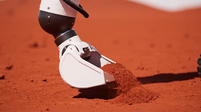 A robotic arm with a scoop attachment digs into and pours reddish soil, simulating excavation on a Martian-like surface.