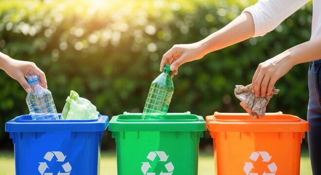 Hands sorting plastic bottles and paper into colorful recycling bins