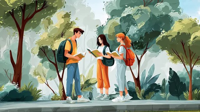 Three people reading books in a forest