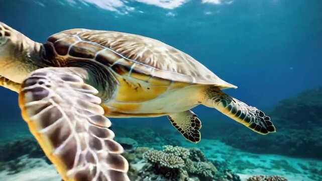 A turtle gliding through the water above a colorful coral reef