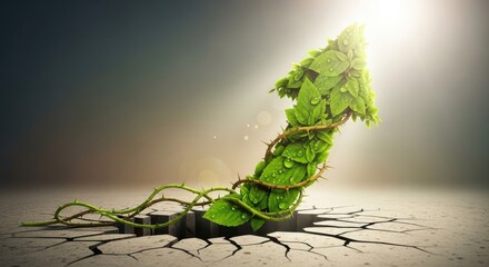 A green leafy plant growing out of a cracked, dry ground with a sun shining through the leaves.